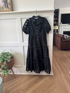 Shop the Mint Black Organza Check Button Down Midi Dress Size L